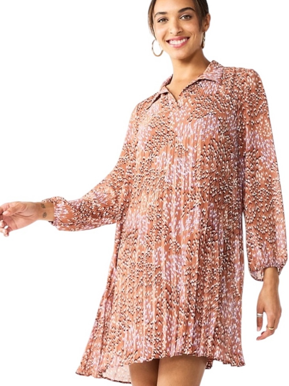 Nine West Pleated Mini A-Line Dress Sz Small Sheer Blouson Sleeves Cafe Brown